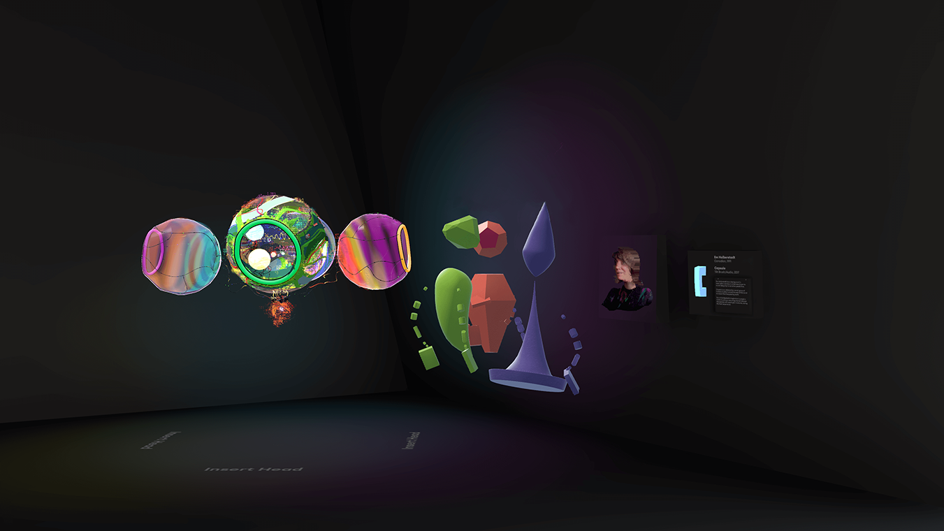 Visitors viewing a spatial interview with Halberstad, beside her installation, Capsule (2017)