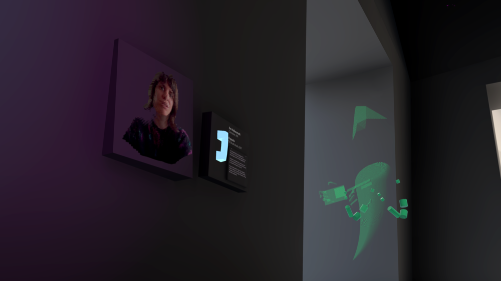 Visitor viewing Em Halberstadt’s volumetric Spatial Interview beside Capsule (2017)